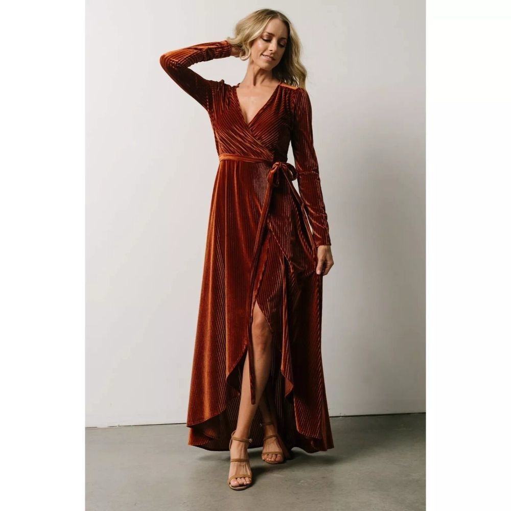 Ribbed Velvet Wrap Dress | Copper - S